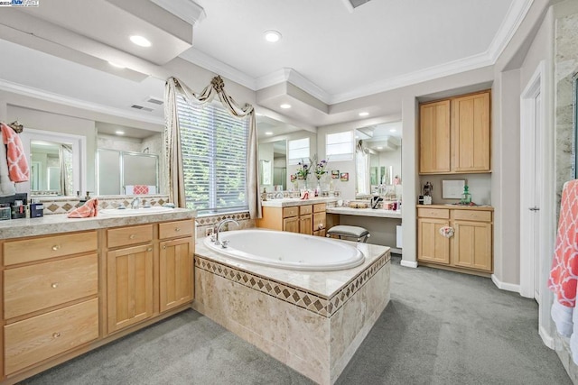 bathroom with ornamental molding, vanity, and separate shower and tub