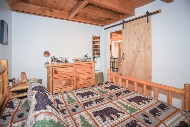 bedroom with a barn door, wooden ceiling, and beamed ceiling