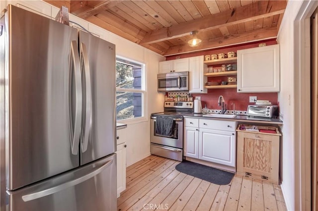 kitchen featuring a sink, white cabinetry, appliances with stainless steel finishes, open shelves, and dark countertops