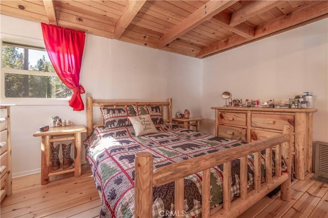 bedroom featuring beamed ceiling, wood ceiling, and light wood-style floors