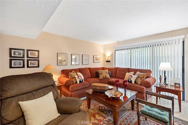 living room featuring a textured ceiling