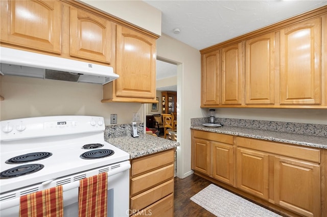 kitchen with white range with electric cooktop, light stone countertops, and dark hardwood / wood-style flooring