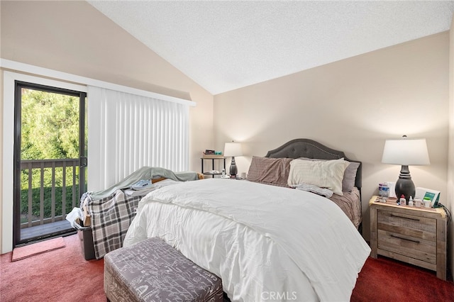 bedroom featuring dark carpet, lofted ceiling, and a textured ceiling