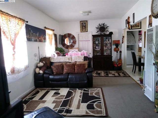 living room with carpet, washer / dryer, and a healthy amount of sunlight