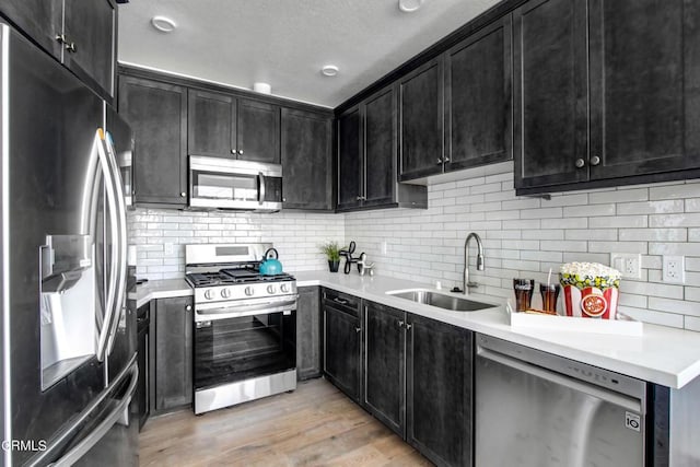 kitchen with sink, light wood-type flooring, stainless steel appliances, and tasteful backsplash