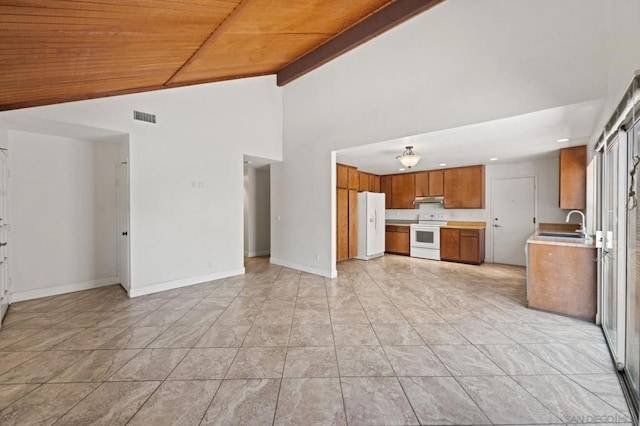 unfurnished living room with wood ceiling, high vaulted ceiling, and sink