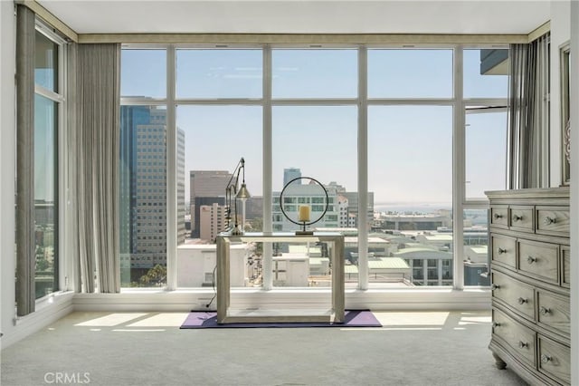 carpeted bedroom with a view of city and expansive windows