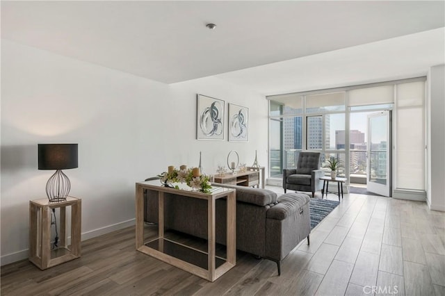 living room with a wall of windows, wood finished floors, a view of city, and baseboards