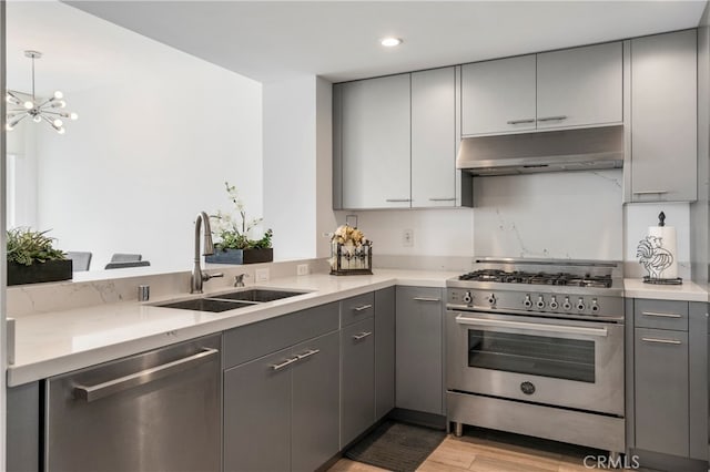 kitchen featuring gray cabinets, sink, stainless steel appliances, and light wood-type flooring