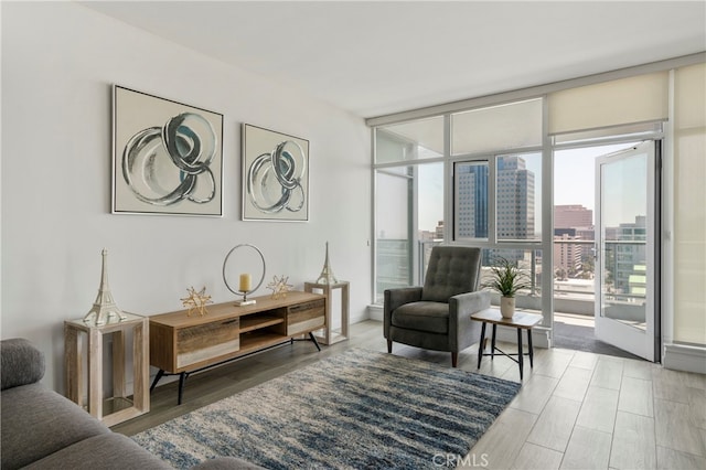 living area featuring a wall of windows and wood-type flooring