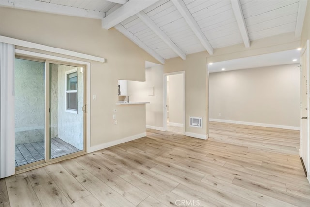 unfurnished living room with vaulted ceiling with beams, light hardwood / wood-style floors, and wood ceiling