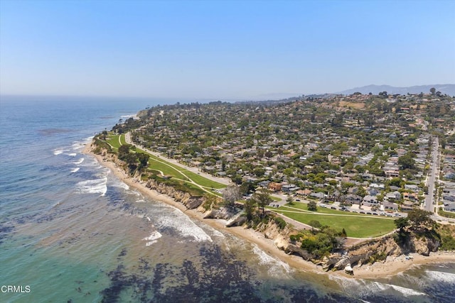 aerial view featuring a water view and a beach view