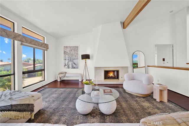 32701 Via Palacio, Rancho Palos Verdes, CA 90275 - living area featuring a tile fireplace, high vaulted ceiling, and beamed ceiling