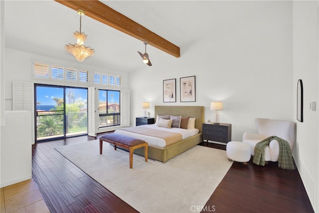 bedroom with beamed ceiling, hardwood / wood-style floors, and an inviting chandelier