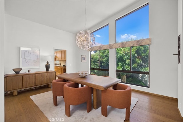 dining room featuring wood-type flooring and an inviting chandelier