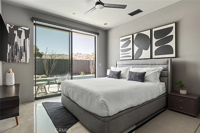 bedroom featuring ceiling fan and access to exterior