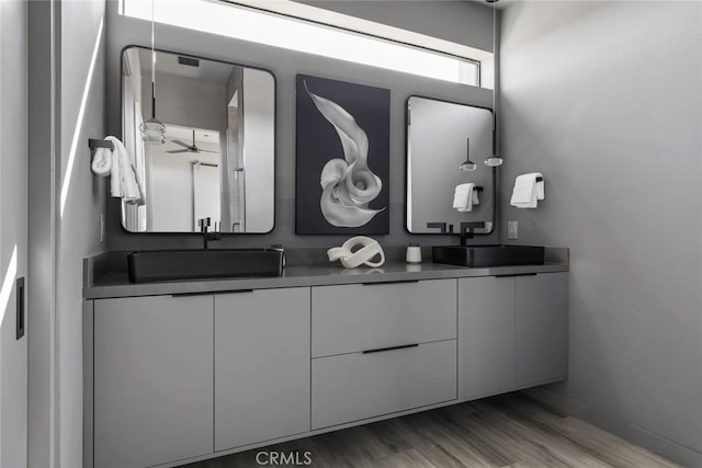 bathroom with vanity and wood-type flooring