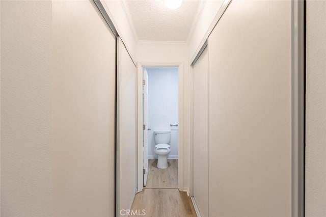 hallway with crown molding, light wood-type flooring, and a textured ceiling