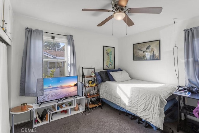 bedroom featuring carpet flooring and ceiling fan