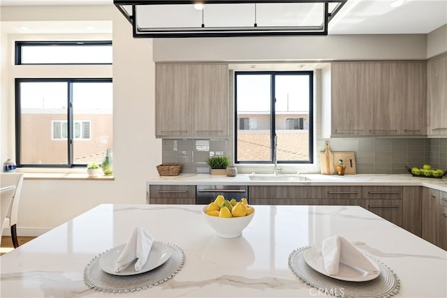 kitchen with tasteful backsplash, stainless steel dishwasher, a healthy amount of sunlight, and light stone counters