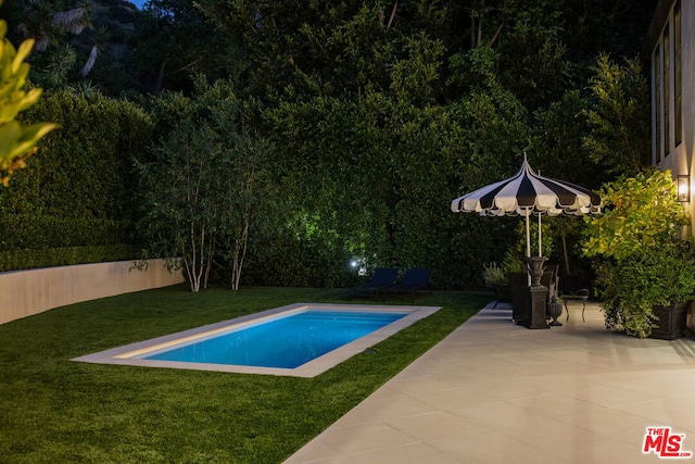 view of swimming pool featuring a yard and a patio