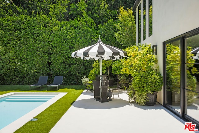 view of swimming pool featuring a yard and a patio area