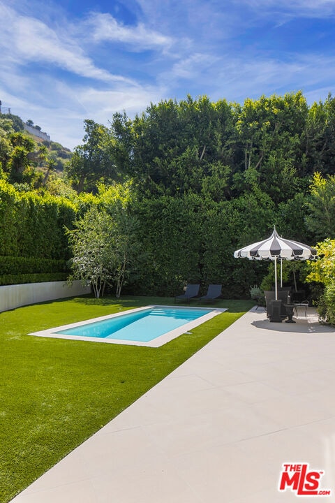 view of pool featuring a patio and a lawn