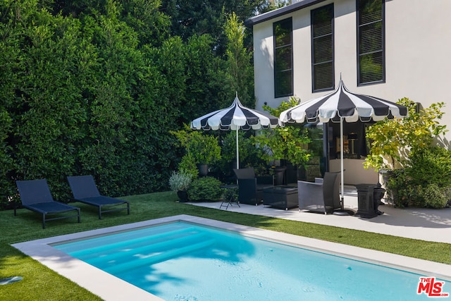 view of pool with a yard and a patio