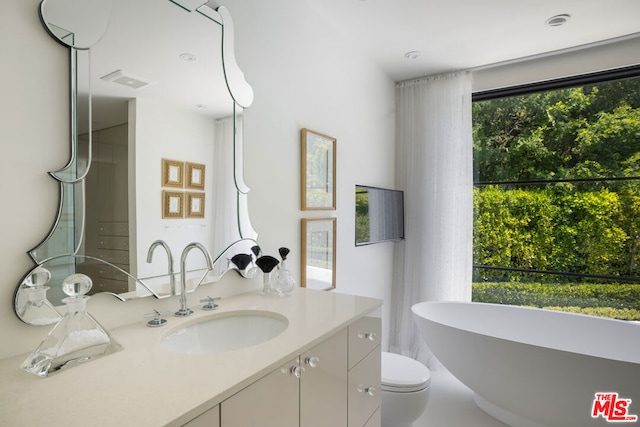 bathroom with a washtub, vanity, and toilet