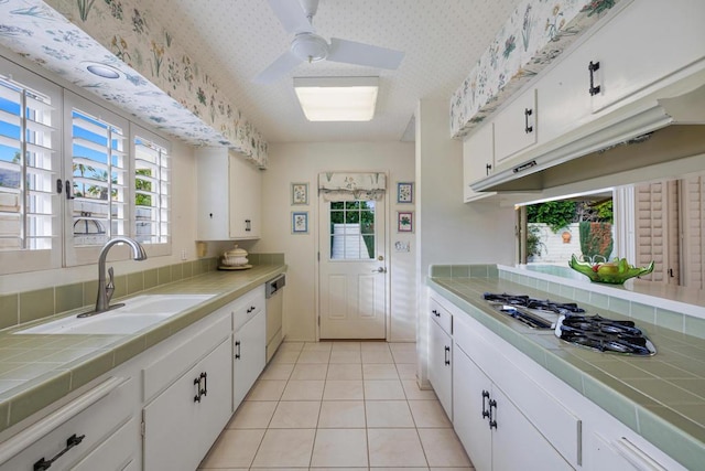 kitchen featuring stainless steel dishwasher, sink, white cabinets, and tile countertops