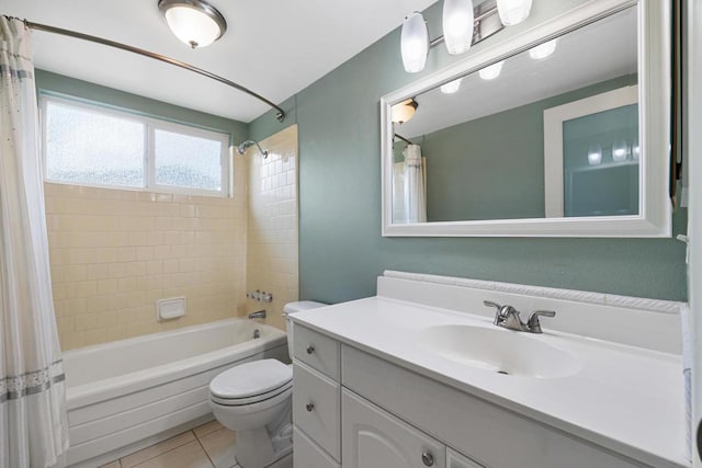 full bathroom featuring toilet, tile patterned flooring, shower / bath combination with curtain, and vanity