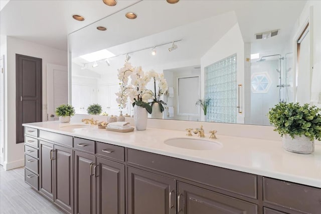 bathroom with vanity and walk in shower