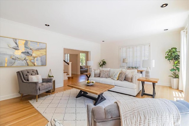 living room featuring ornamental molding and light wood-type flooring