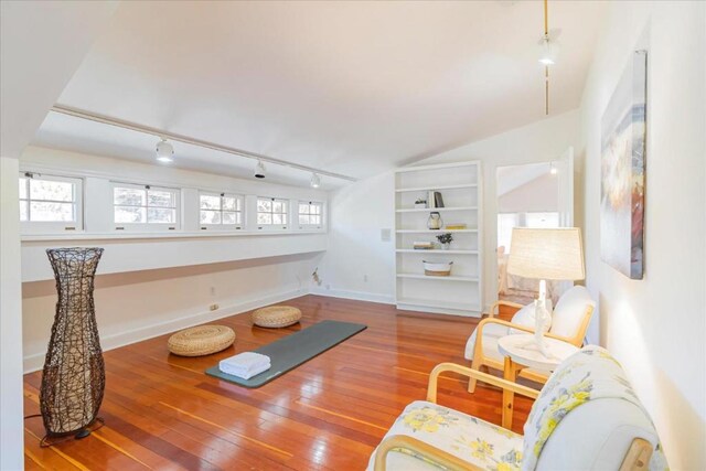 interior space featuring rail lighting, plenty of natural light, hardwood / wood-style floors, and lofted ceiling