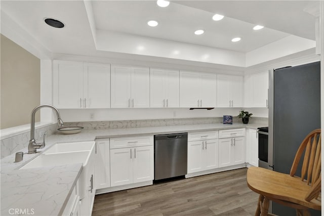 kitchen with white cabinets, appliances with stainless steel finishes, wood finished floors, a tray ceiling, and a sink