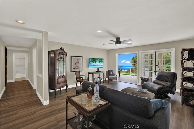 living room featuring dark wood-style floors, french doors, recessed lighting, a ceiling fan, and baseboards