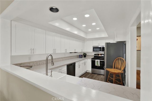 kitchen with a tray ceiling, recessed lighting, appliances with stainless steel finishes, dark wood-type flooring, and white cabinetry