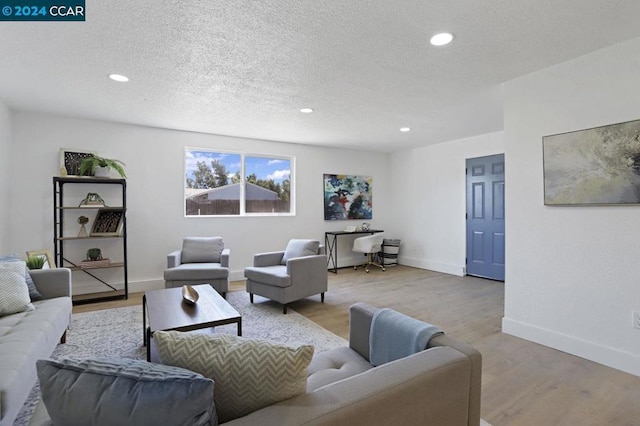 living room with a textured ceiling and light hardwood / wood-style floors