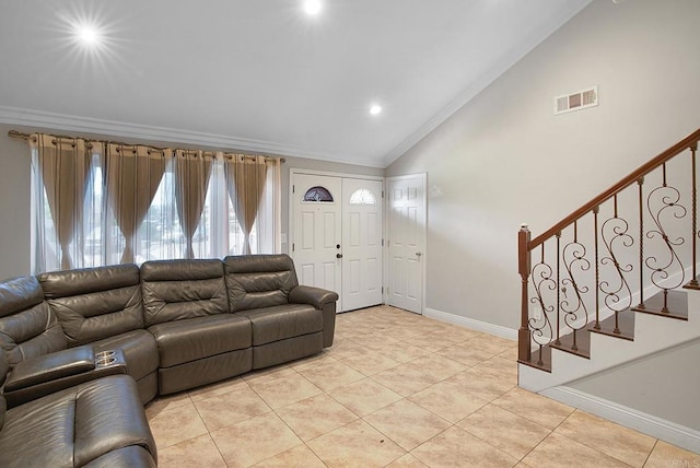 tiled living room featuring crown molding and high vaulted ceiling