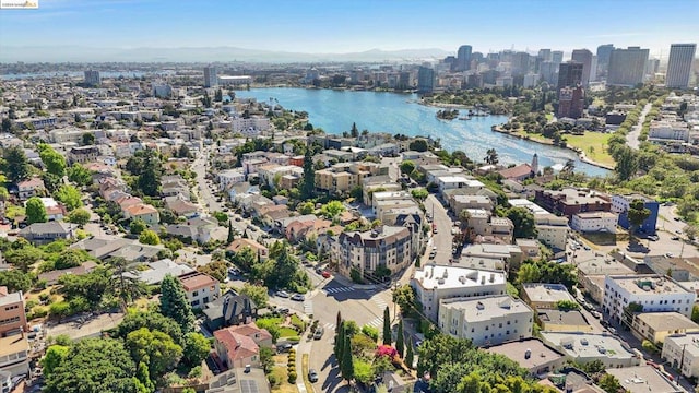 drone / aerial view with a water view