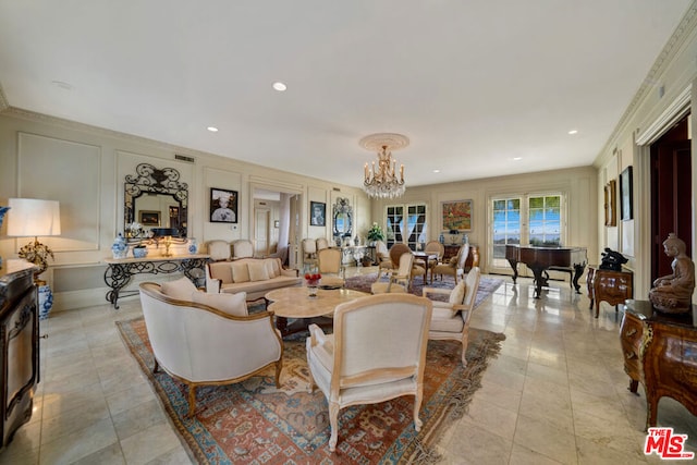 tiled living room with crown molding and a chandelier