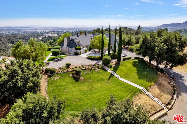 drone / aerial view featuring a mountain view