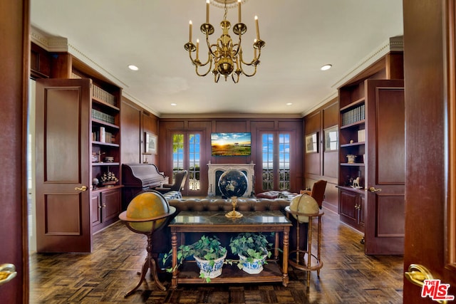 office with french doors, ornamental molding, an inviting chandelier, and dark parquet flooring