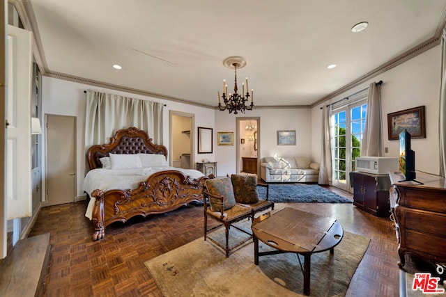 bedroom featuring ornamental molding, an inviting chandelier, and dark parquet floors