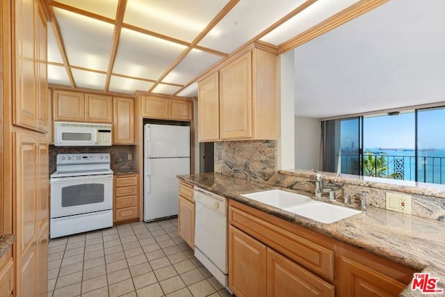 kitchen with white appliances, decorative backsplash, sink, a water view, and light stone counters