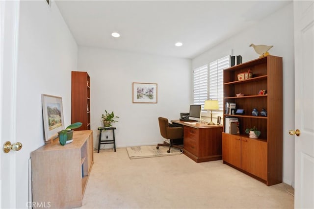 home office featuring recessed lighting and light colored carpet