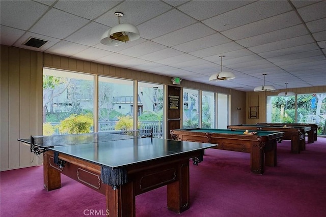 3601 W Hidden Ln Unit 121, Rolling Hills Estates, CA 90274 - game room featuring carpet, billiards, and wood walls