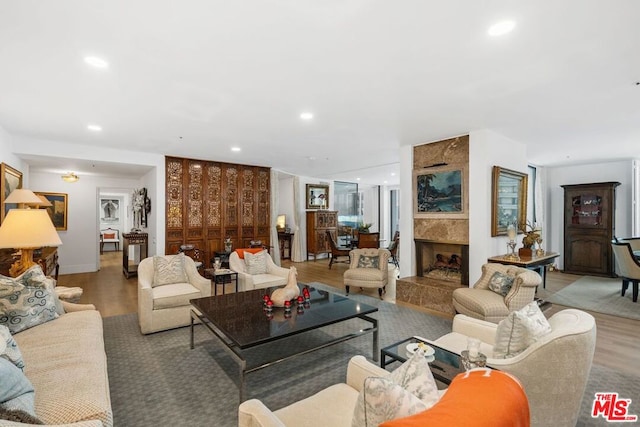 living room with a fireplace and wood-type flooring