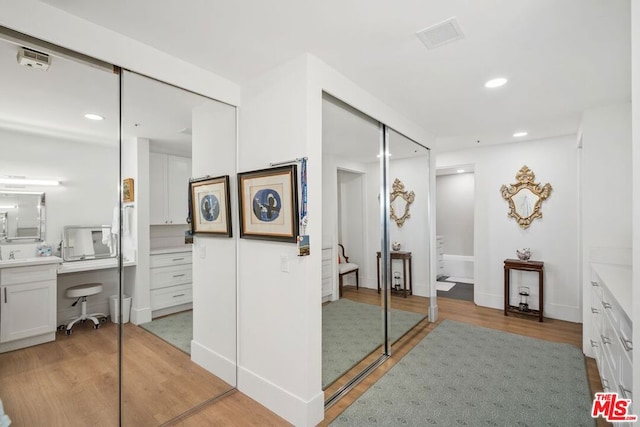 bathroom with vanity and wood-type flooring