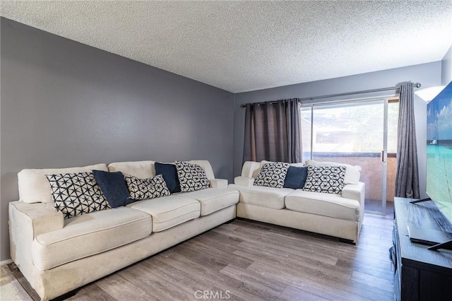 living room featuring a textured ceiling and light wood-type flooring